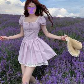 胖mm法式茶歇连衣裙女夏季纯欲甜美收腰显瘦公主蓬蓬短裙图片色