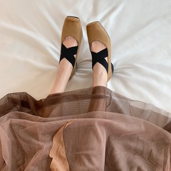 秒發！蘇茵茵同款鞋豬鼻子方頭擦色復古交叉帶粗跟芭蕾鞋單鞋