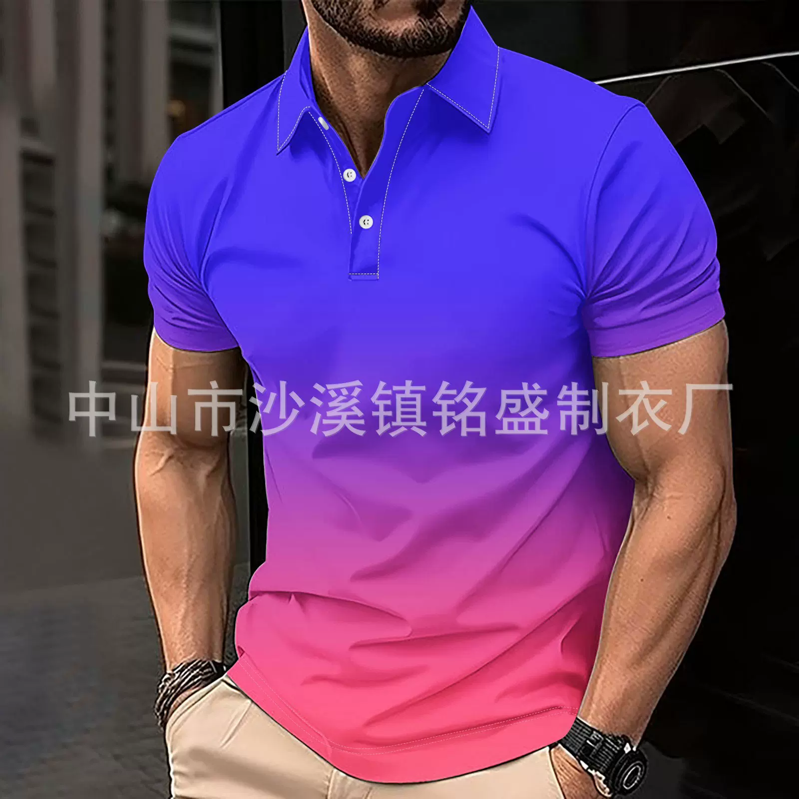 2025新款跨境亚马逊渐变印花Polo衫男士运动休闲3d时尚短袖T恤男