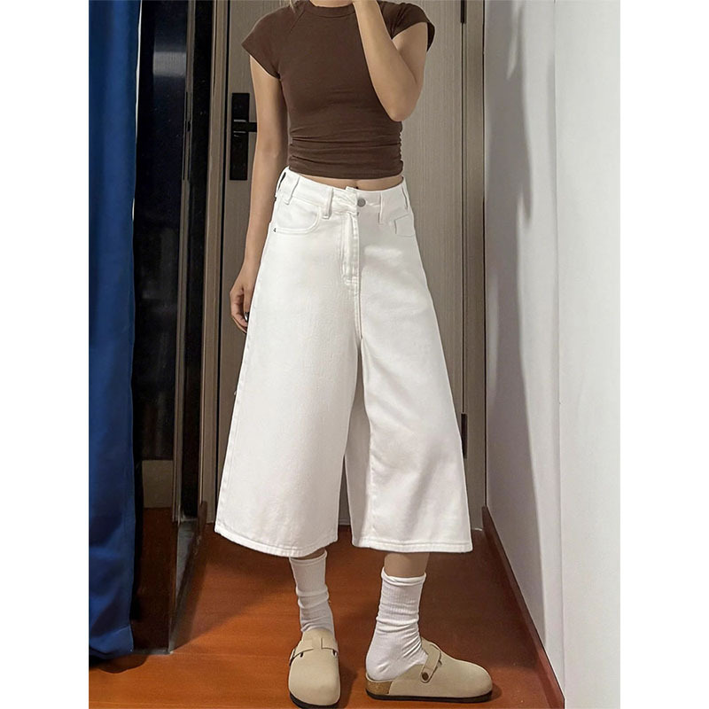 Plus-Size White Wide-Leg Denim Cropped Pants for Women, Summer New Loose Slimming Pear-Shaped Straight Pants