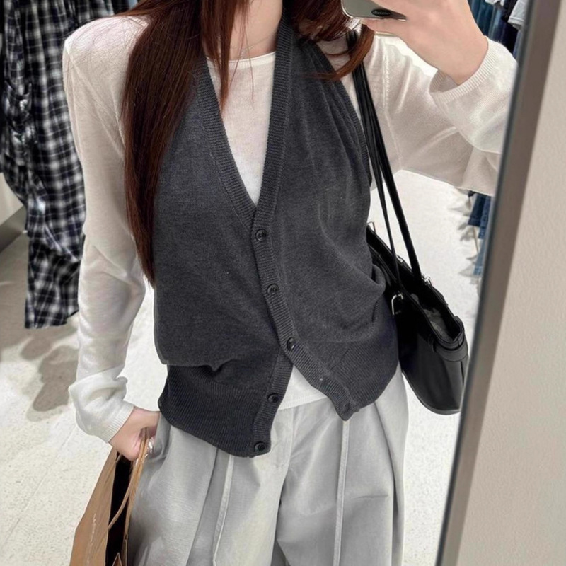 韩系叠穿挂脖背心马甲长袖针织衫系带阔腿裤女2025秋季新款套装潮|undefined