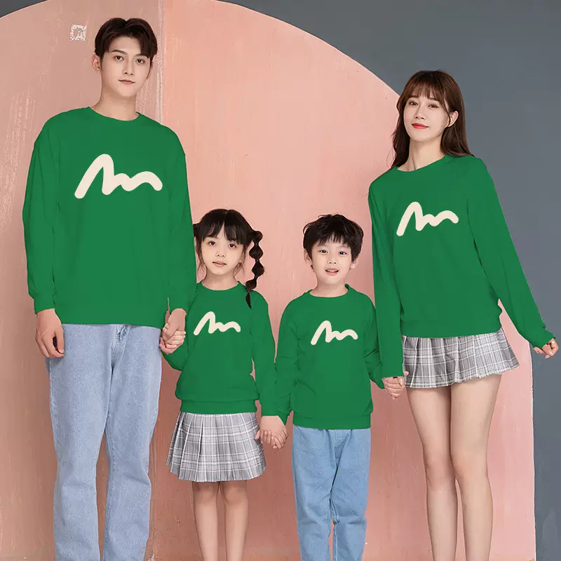 翠绿色亲子卫衣2024新款秋装长袖一家四口休闲卡通涂鸦印花母子装