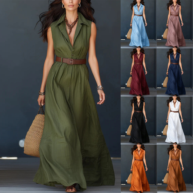 2026 New Cross-Border Amazon Best-Selling Commuter Vacation Dress Sleeveless Turn-Down Collar Waist-Cinching Shirt-Style Long Dress