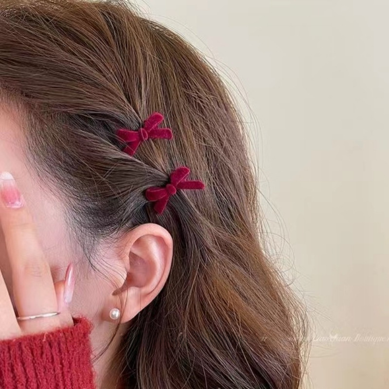 Agrafă de păr vintage cu fundă din catifea roșie, dimensiuni mici, breton, clip pentru frunte, coafură, accesorii de păr de Anul Nou de înaltă calitate_voghion.com