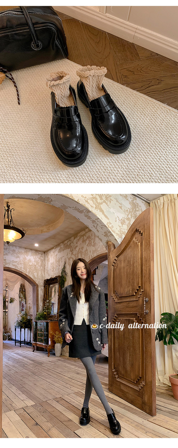 Giày lười nữ mũi tròn miệng sâu đế xuồng da thật gót vừa phải — Màu nâu, Màu đen chi tiết 11