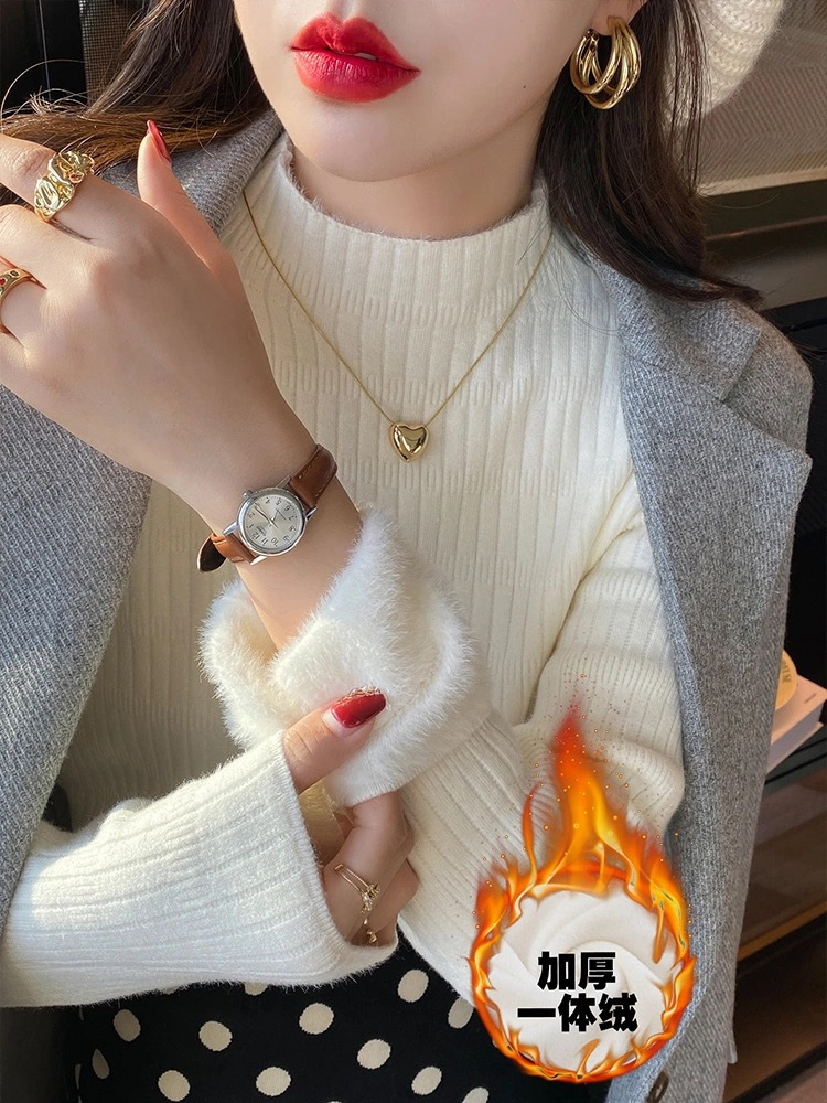 Otoño y invierno nuevo estilo coreano versátil camiseta de base de cuello medio alto con una camiseta de lana de color sólido y suéter de punto de lana para mujeres