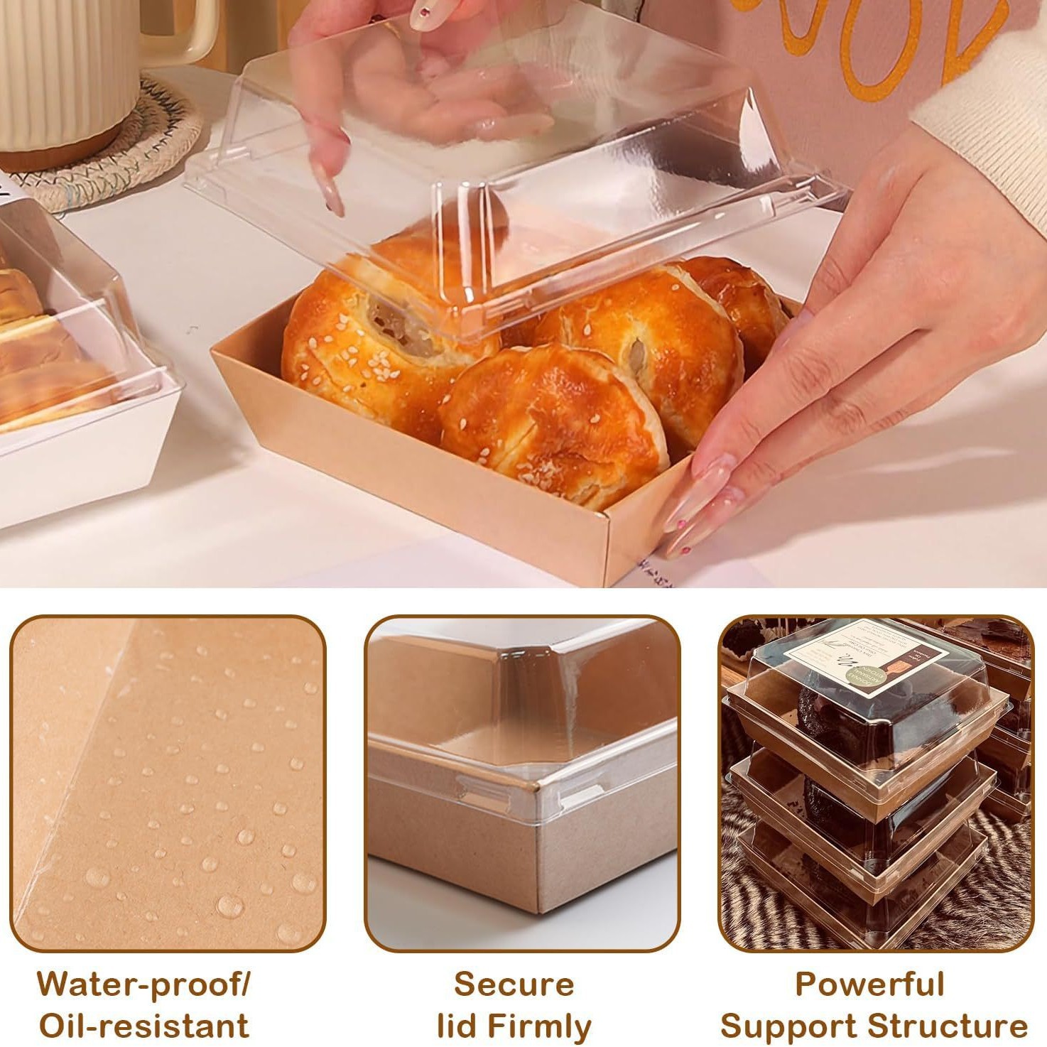 Papel de grado alimenticio, caja de cubierta de plástico, caja de embalaje de horneado rectangular, sándwich puff de carne, pino, pequeño punto oeste