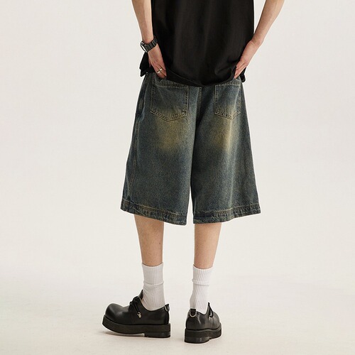 Summer Washed Denim Short Pants for Men Loose Casual Matchable Mid Pants American Streetwear Brand Straight Leg Five