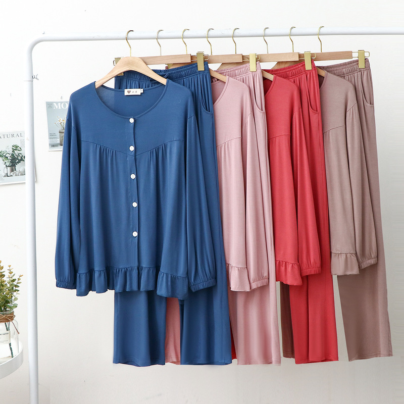 Modal Pajamas Women's 2022 Pleated-breasted Long-sleeved Trousers Two-piece Set Loose Casual Home Clothes Moon Clothes