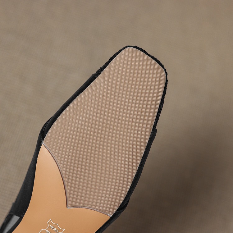 Sandal cao gót nữ hở mũi da cừu lưới phối màu quai ngang khóa — màu đen, màu trắng ngà chi tiết 87