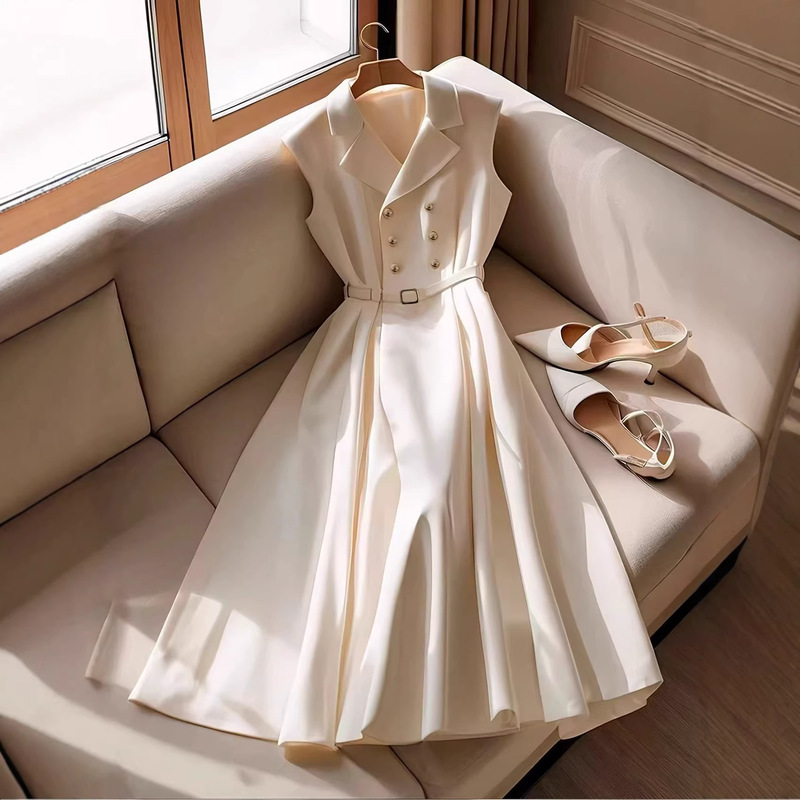 Women's Elegant Sleeveless Double-Breasted Mid-Length Dress in Soft Cream Color - Perfect for Spring and Summer Commuting