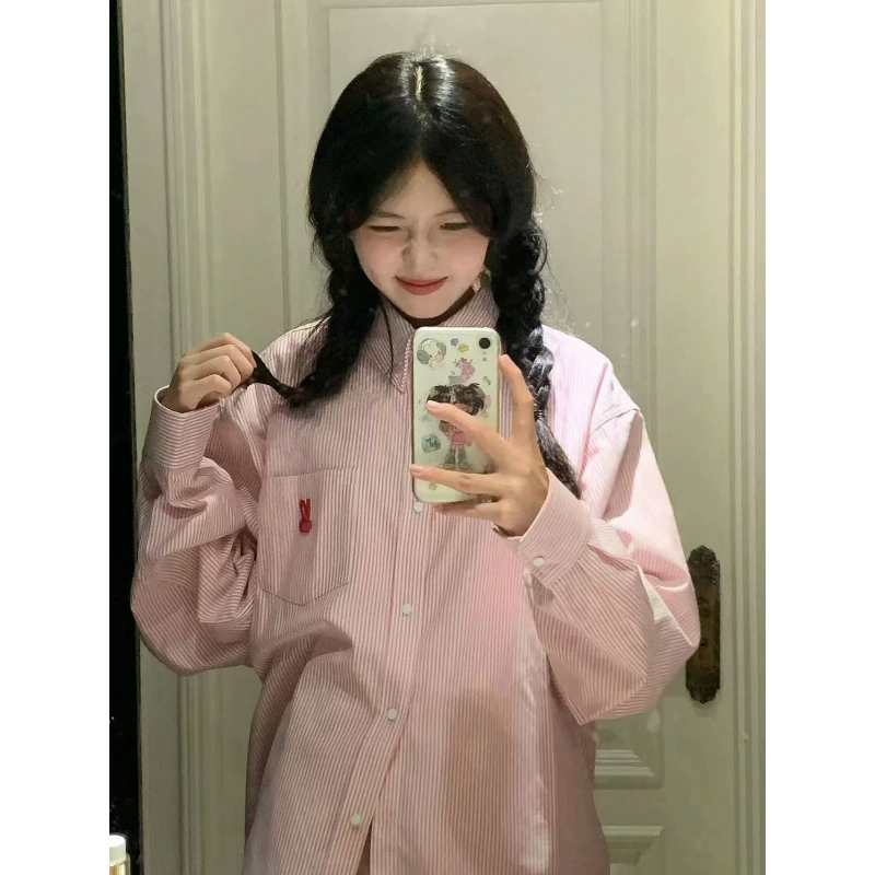 Корейская сладкая розовая полосатая рубашка женская весенне-осенняя тонкая куртка нишевые дизайнерские чувства топ с длинными рукавами рубашка