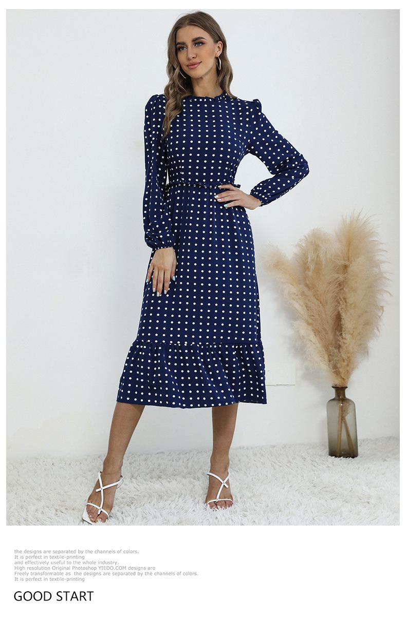 Women's A-line Skirt Vintage Style Round Neck Printing Long Sleeve Polka Dots Midi Dress Daily display picture 1