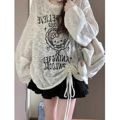 スイートキティ猫セーター長袖 Tシャツカバーアップ女性のルーズ純粋な欲望スタイル中空巾着ホットガール日焼け止めトップ