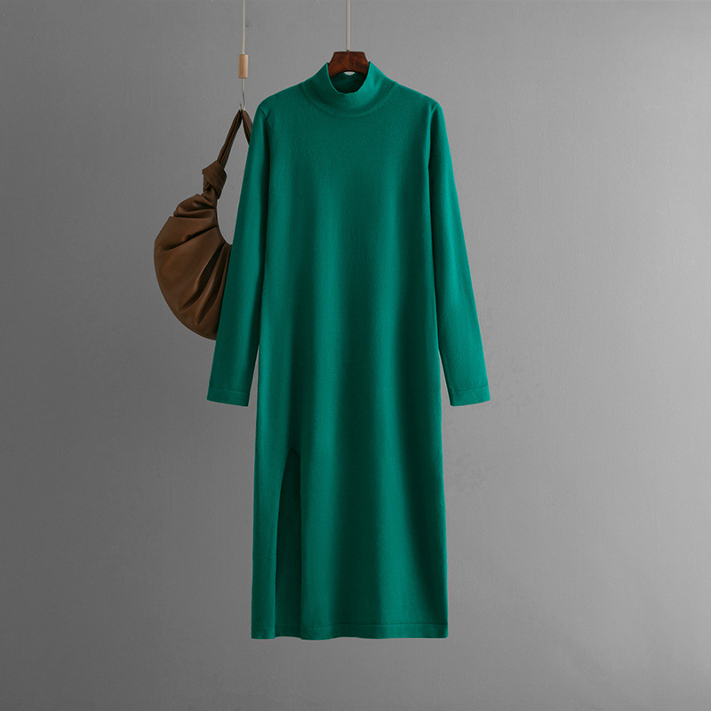 Half Turtleneck Knitted Dress Women Autumn Winter Solid Color Slit Long Sleeve Bottoming Trousers Inner Wear Woolen Dress