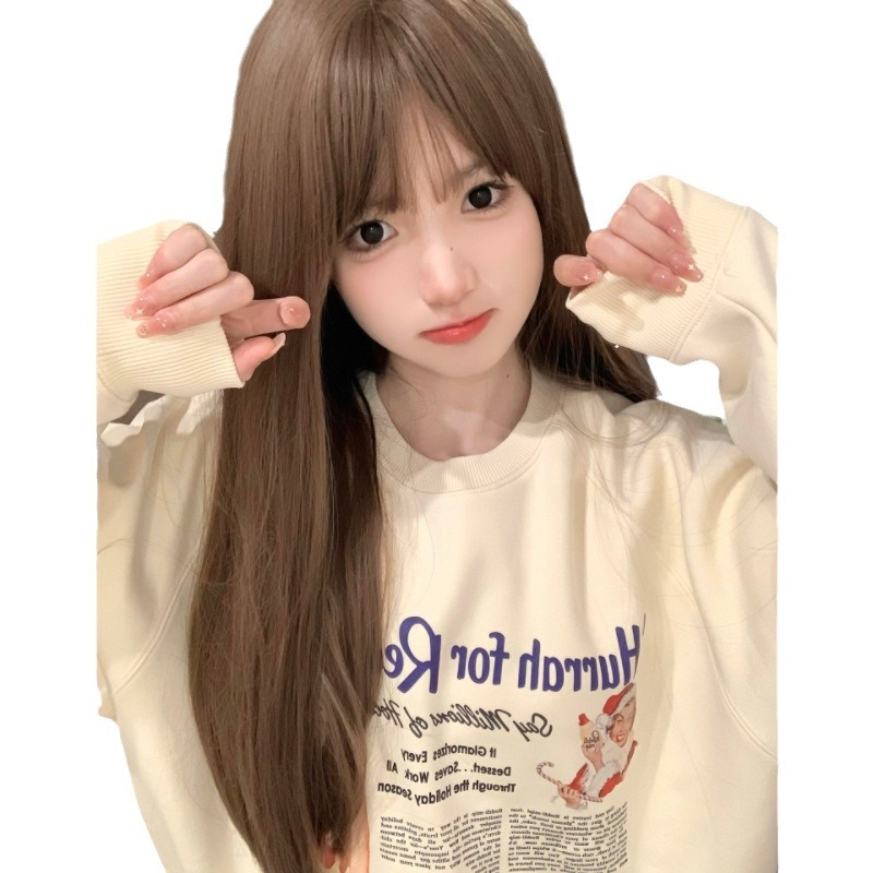 Cheng Ming's wig, female long straight hair, milk tea color, natural and realistic, fluffy, student sweet internet celebrity, summer full head cover style