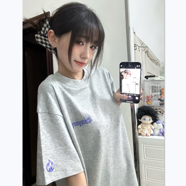 2026 Summer Korean Style New Embroidered Letter Pure Cotton Short Sleeve T-Shirt for Women Oversize Loose Round Neck Top Trendy 2026 Summer Korean Style New Embroidered Letter Pure Cotton Short Sleeve T-Shirt for Women Oversize Loose Round Neck Top Trendy