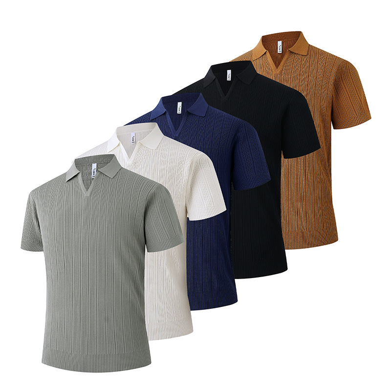 Polo camiseta de punto camiseta de manga corta hombre V-collar ventana delgada negocios camiseta de hielo de verano fábrica transfronteriza al por mayor