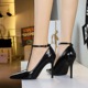 3638 Fashionable and Simple Pana Pattern Pointed High Heels for Women, Thin Heels with T-shaped Buckle, Shallow Mouth Style Women's Shoes