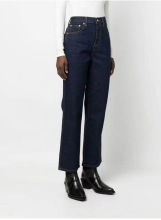 女士TB深蓝色口袋线条装饰版型挺阔高腰直筒牛仔长裤