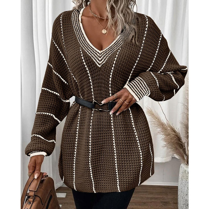 Europa y Estados Unidos transfronterizos Amazon otoño y invierno nuevo cuello en V vertical suéter suelto ropa de mujer Aliexpress moda jersey superior image 5