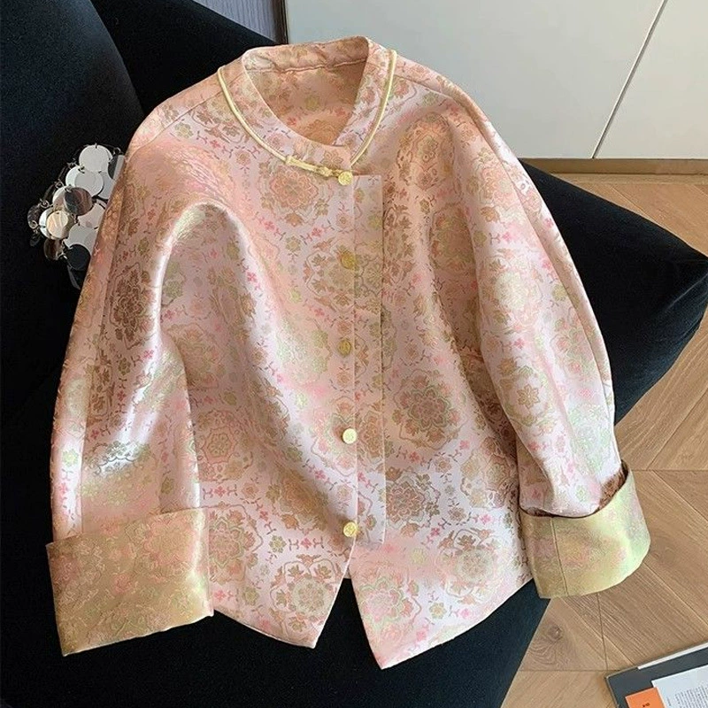 Розовый жаккард новый китайский стиль с короткими пуговицами женский 2025 весна новый дикий стиль улучшенный национальный стиль высокого темперамента топ