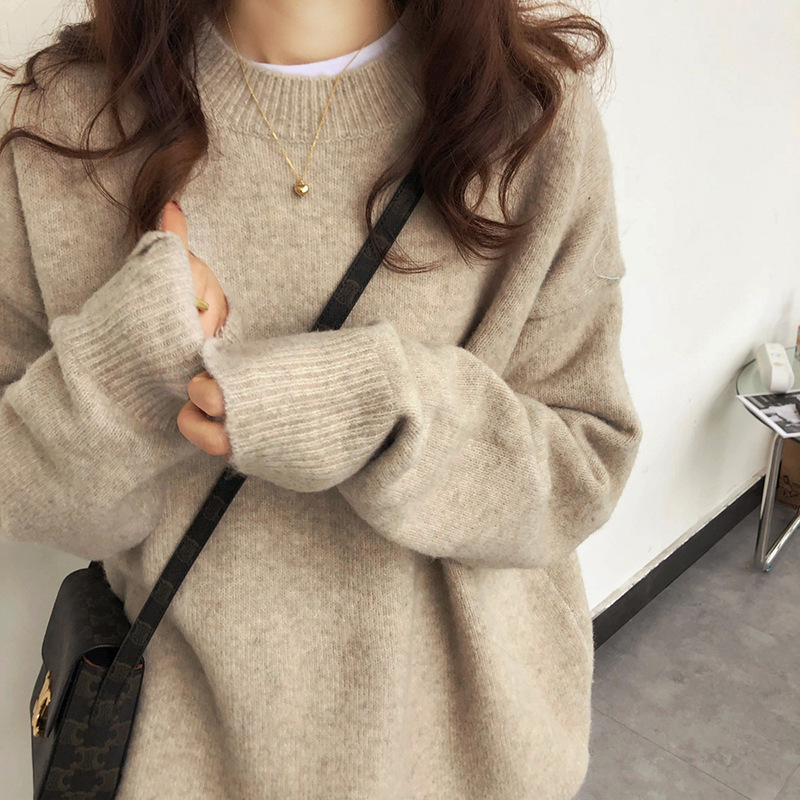Solid Color Soft and Waxy Lazy Style Pullover Versatile Knitwear Autumn and Winter New Loose and Versatile Round Neck Thick Knitwear for Outer Wear