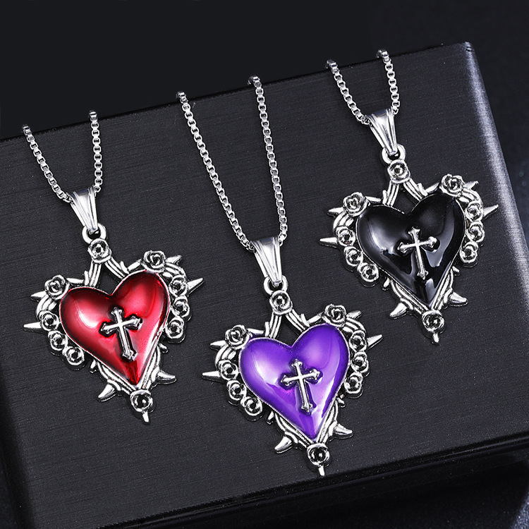 Gothic Rose Love Cross Necklace Women's Personality Creative Purple Oil Dropping Peach Heart Clavicle Chain Black Jewelry