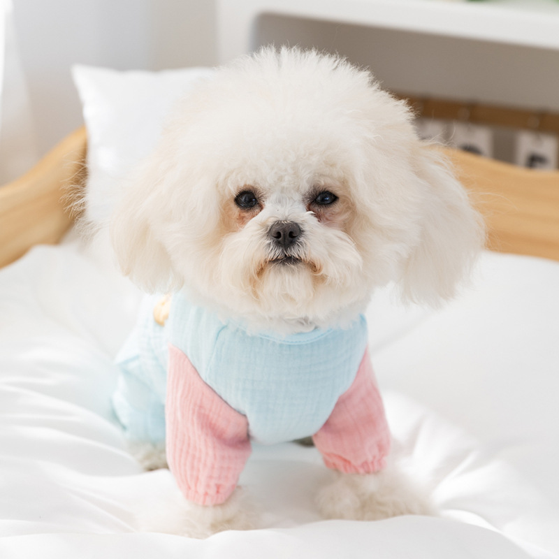 Primavera y verano de doble capa de algodón suave perros de cuatro patas bolsa de abdomen gato ropa de aire acondicionado ropa de casa ropa de mascotas cuatro estaciones