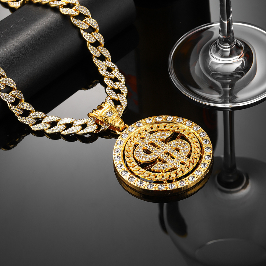 All Seasons Season Unisex Gender Hip-Hop Round Dollar Alloy Inlay Rhinestones Unisex Pendant Necklace Necklace Pendant Men Pendant Necklaces