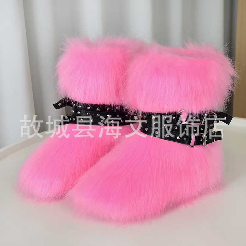 新款炸街辣妹厚底雪地靴Y2K朋克仿毛靴子铆钉靴显瘦暗黑系绑带靴|undefined