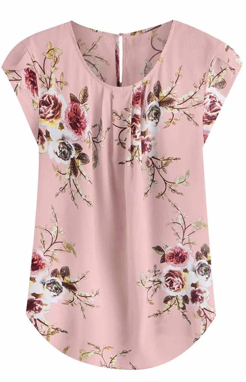 Cross-border 2025 camisa de cuello redondo casual de mujer flor de pliegue delgada venta rápida TONGWISH impresión camisa de manga corta image 6
