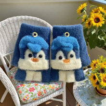 可爱企鹅冬半指翻盖手套仿貂绒加厚保暖漏指加盖设计学生写字毛绒