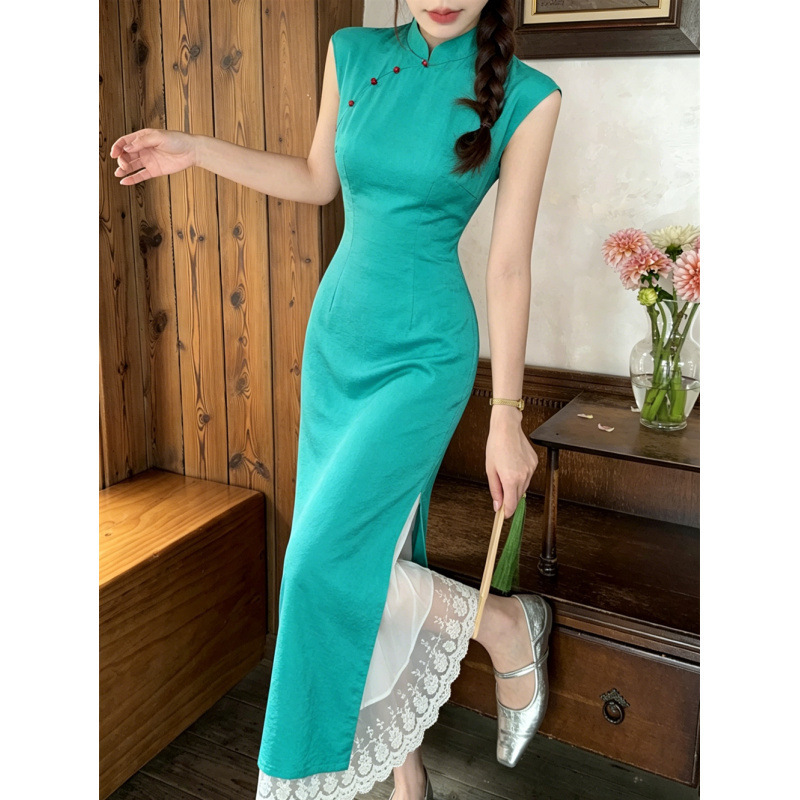 Peacock Green Improved Cheongsam Set for Women, Long Slit Cheongsam Dress with Lace Lining, Half-Length Skirt, Chinese Style Two-Piece Set