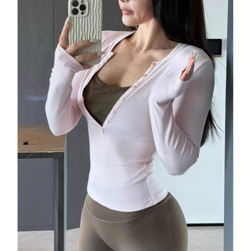 Base Layer Half-Open Collar Henley Shirt with High Elasticity and Waist-Cinching Design, Pilates Sports Fitness Long-Sleeve Yoga T-Shirt 81928 Base Layer Half-Open Collar Henley Shirt with High Elasticity and Waist-Cinching Design, Pilates Sports Fitness Long-Sleeve Yoga T-Shirt 81928