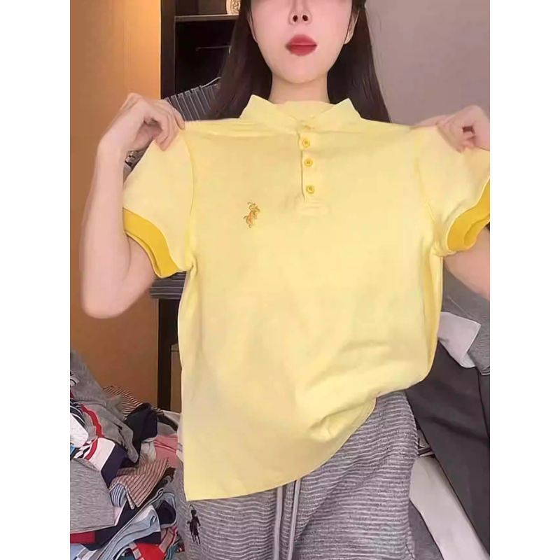 大码小马刺绣立领短袖t恤女春夏2025新款修身显瘦遮肚子时尚上衣|undefined