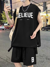 无袖运动背心男款夏季潮流大码青年套装新款男士宽松坎肩健身t恤