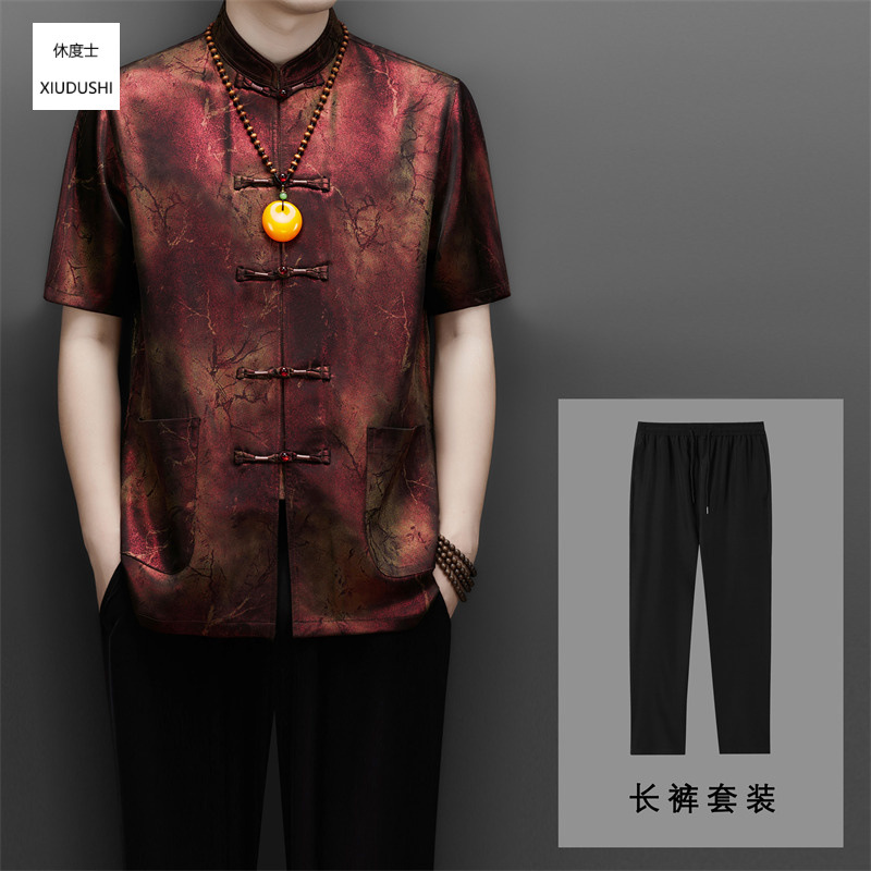 Woodpecker Imitation Silk Short-Sleeve T-Shirt, Tang Suit Summer Chinese Style Jacquard Stand Collar Shirt, Ice Silk Chinese Style Top