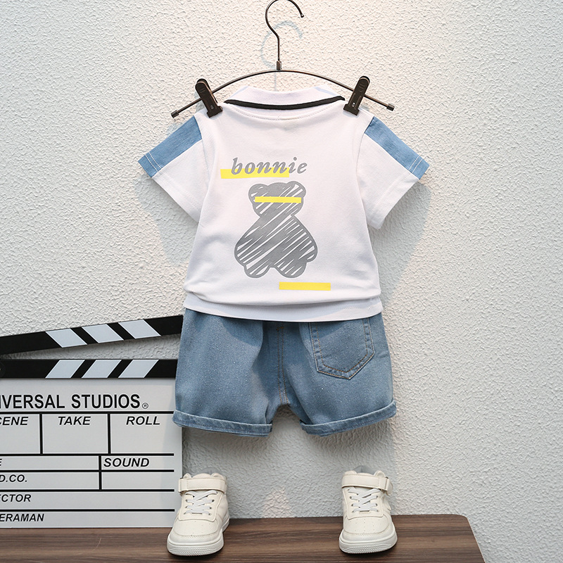 Kleine und mittlere große V-ausschnitt hemd, denim shorts set, sommer neue kinder carto teddybär druck trendy_voghion.com
