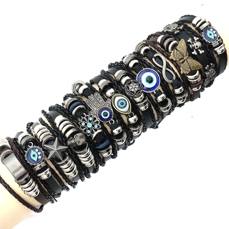 欧美复古朋克五角星男士手链 多层树叶羽毛牛皮手工潮流手链6组合|undefined