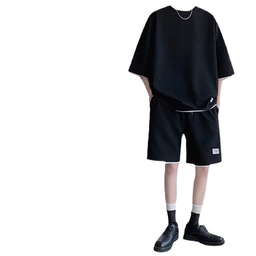 Summer quick-drying short-sleeved T-shirt casual suit men's waffle fake two-piece loose men's basketball sports suit