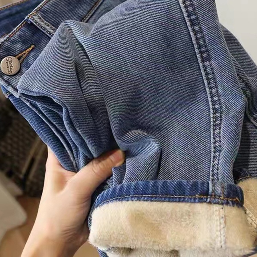 大码加绒加厚弹力哈伦牛仔裤女冬季显瘦高腰九分直筒萝卜老爹裤子