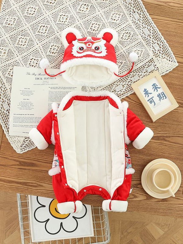 Ropa de bebé gruesa de algodón acolchado ropa de bebé infantil forrada de vellón engrosada festiva ropa de felicitación de Año Nuevo del bebé estilo nacional dragón imagen patchwork manga mameluco