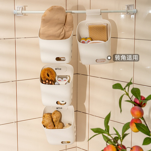 Anti-knocking kitchen hanging basket hole wall-mounted ginger and garlic storage rack telescopic rod adjustable pool towel hanging rod hook