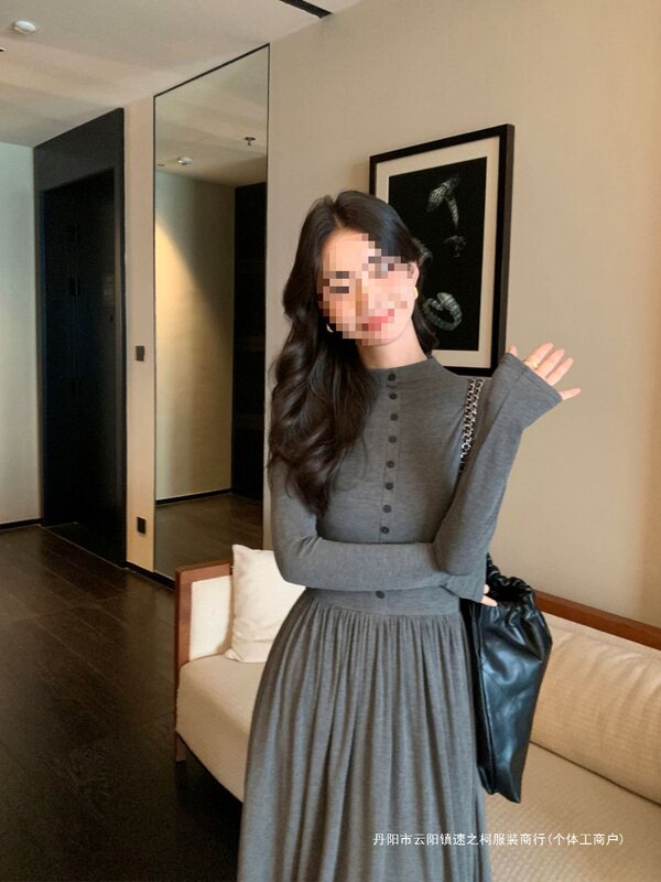 显瘦黑色长袖针织连衣裙女春秋韩系收腰修身气质打底裙长裙子|undefined