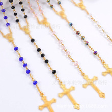 亚马逊热销59颗水晶彩色粉色珠子十字架项链锌合金吊牌个性项饰