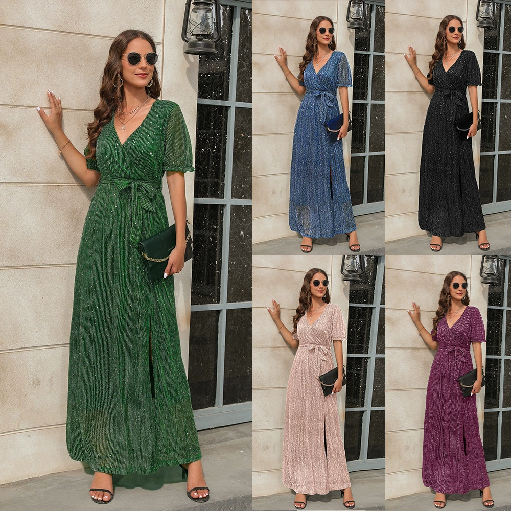 Весна и лето 2023 Новое платье с V-образным вырезом и высокой талией на бретельках Платье с длинным разрезом и короткими рукавами праздничное платье