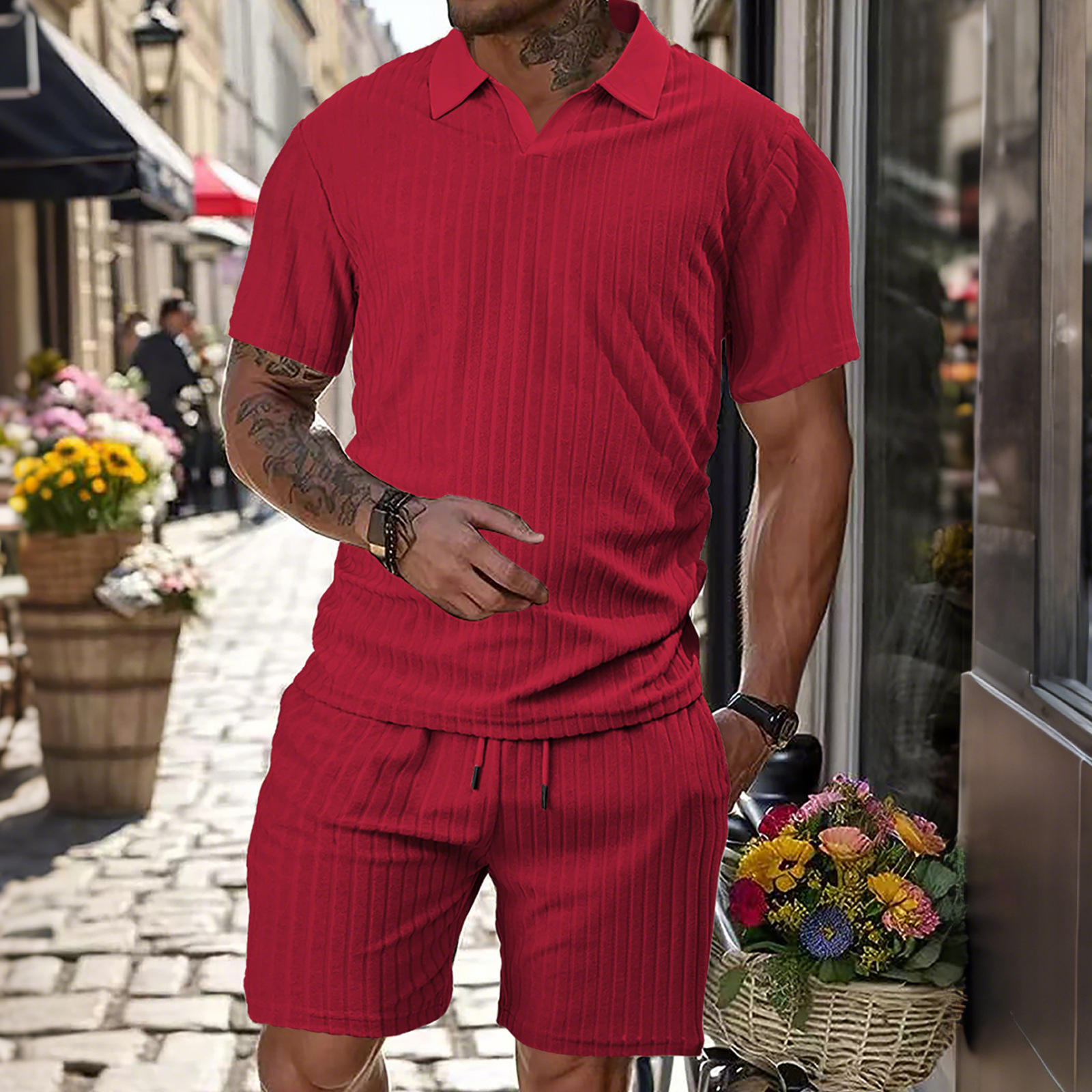 Europa y Estados Unidos ropa de hombre transfronteriza de verano nueva toalla recta transpirable tela jacquard cuello redondo hombre juego de deportes casuales