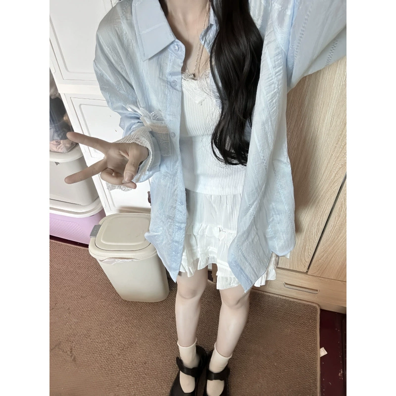 Корейский дизайн, кружевная рубашка, куртка, женская летняя тонкая свободная повседневная рубашка с защитой от солнца, верхний топ