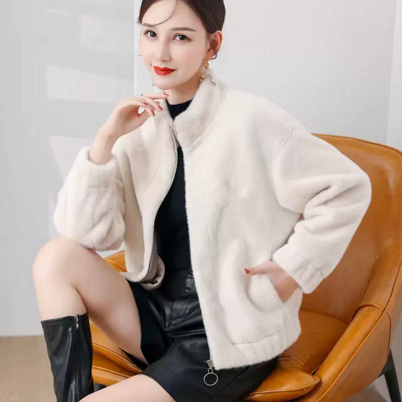 2022新款女装时尚短款立领仿皮草仿水貂大衣保暖外套代发直播款